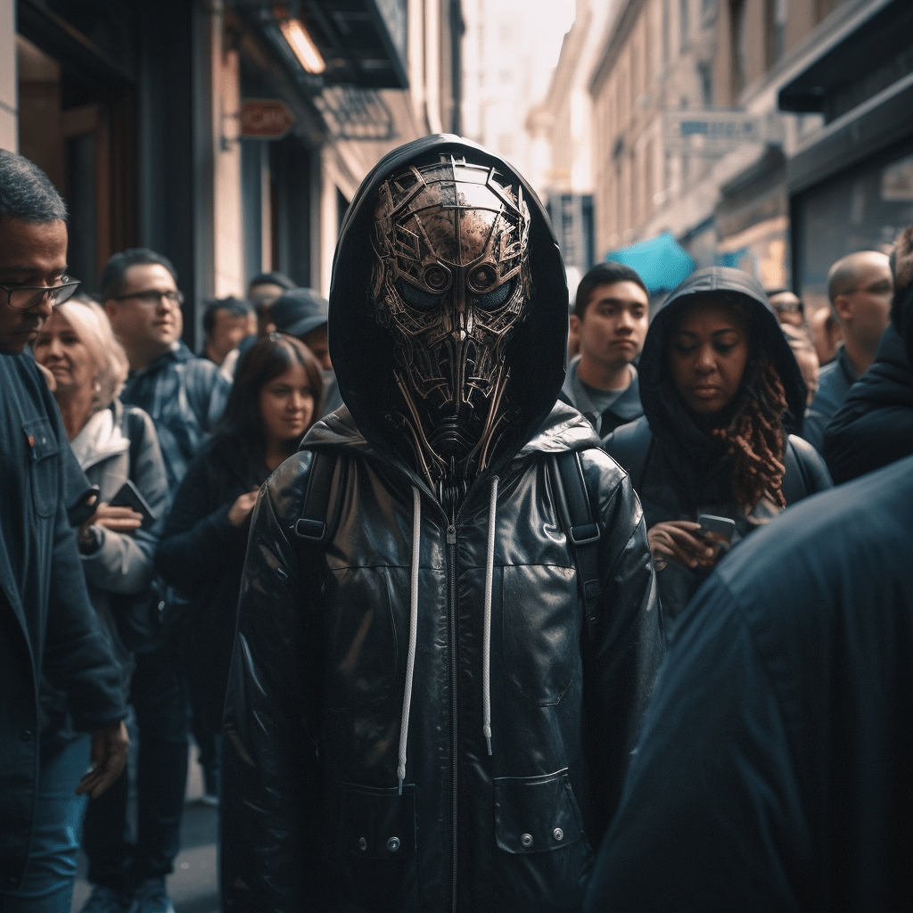 Web3 and AI generated Cyborg in a black hoodie walking confidently among a crowd on a TriBeCa sidewalk