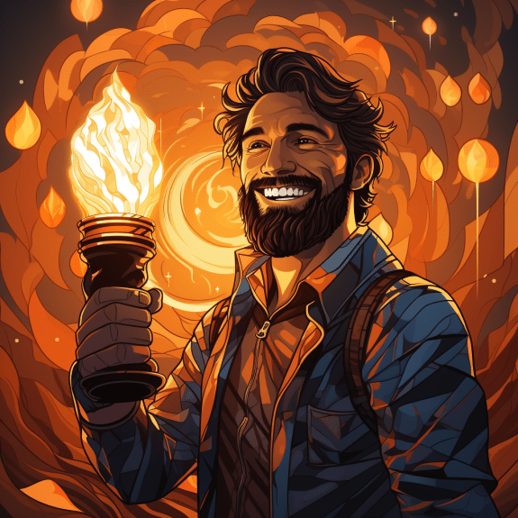 Smiling person holding a blockchain patterned torch, embarking on a crypto onboarding: a smooth transition journey.