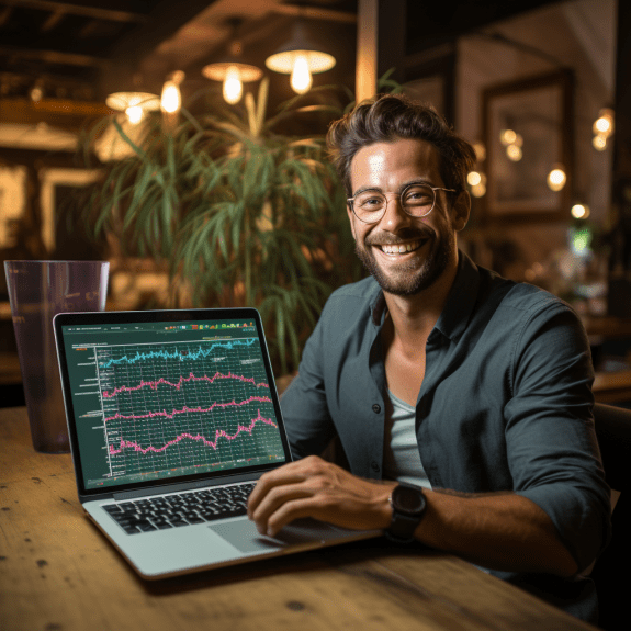 Crypto recruitment founder smiling with a laptop, showing a digital chart of job growth in crypto startups.