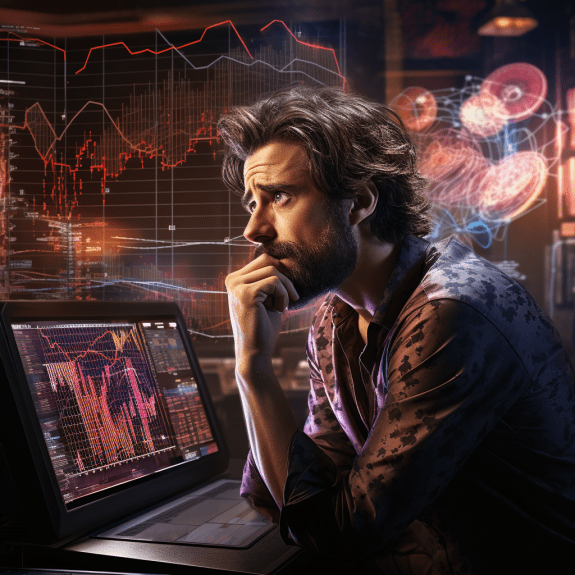 Close-up of a downward trending graph to signify the cooling NFT market with blockchain symbols in the background.