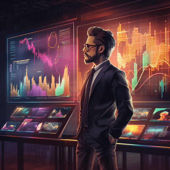 A crypto recruitment founder standing amidst a myriad of digital screens displaying fluctuating NFT sales graphs.