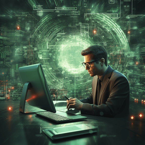 A crypto recruitment founder with a magnifying glass zooming in on a DeFi security job listing amidst a backdrop of chaotic code strings symbolizing the hack.