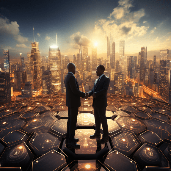 Get hired in Web3. A dynamic collage of blockchain symbols, crypto coins, and professional handshakes against a digital city skyline.