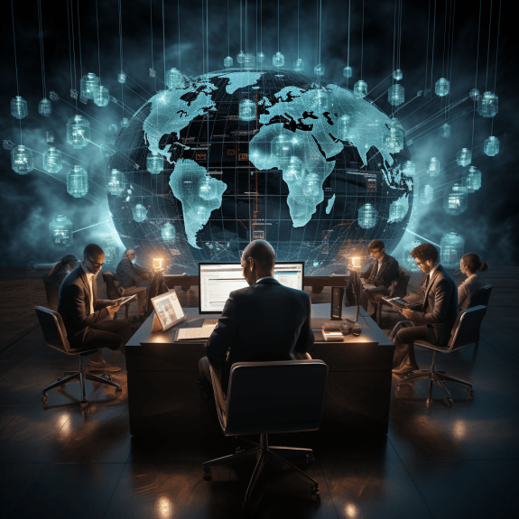 A digital collage showing blockchain networks, global crisis themes, and crypto recruitment professionals at work. Blockchains Role in Global Crises