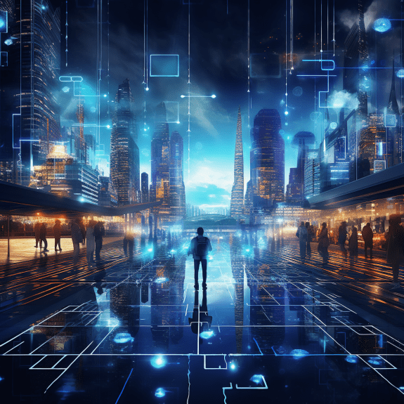 Futuristic cityscape representing decentralized finance with blockchain elements