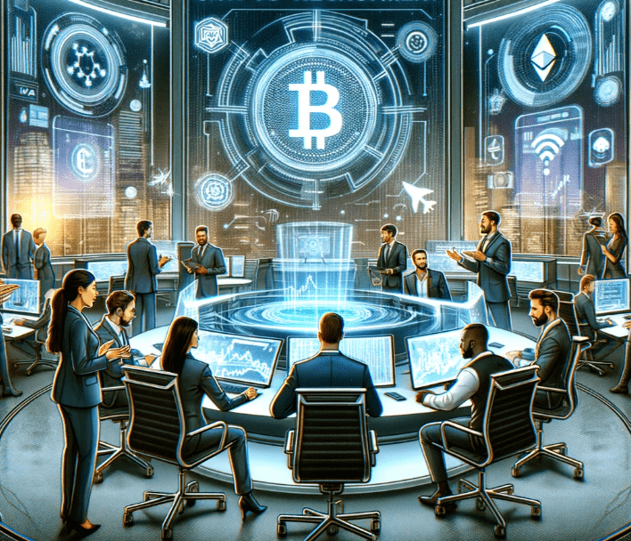 A dynamic depiction of the 2020 shift in tech recruitment, highlighting the fusion of big tech with blockchain and AI in the crypto space.