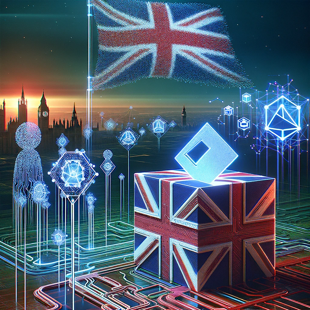 Digital representation of Blockchain Democracy in the UK, featuring a UK flag with blockchain motifs and democracy symbols.