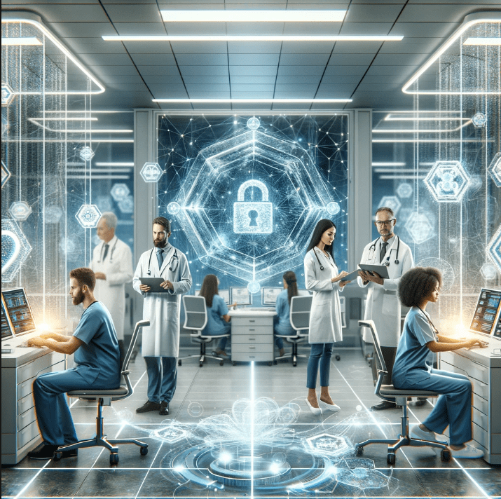 Digital representation of blockchain technology in healthcare showing secure data and medical icons.