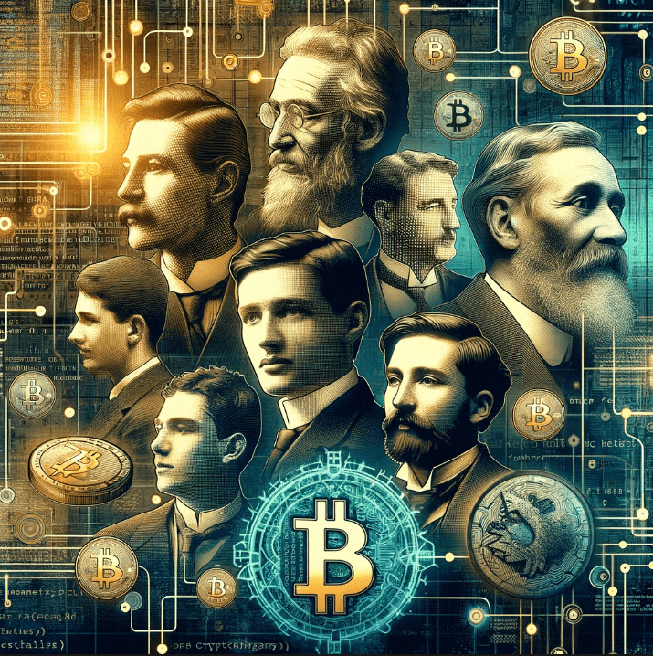 A digital collage representing the early Bitcoin developers and blockchain technology.