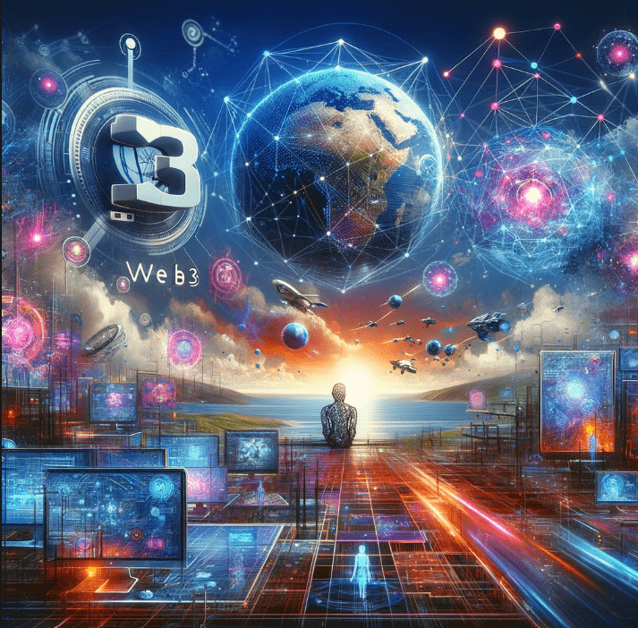 A dynamic illustration showcasing the fusion of Web3, blockchain, and AI in the evolving landscape of crypto recruitment. Web3 in 2024 The Future Now
